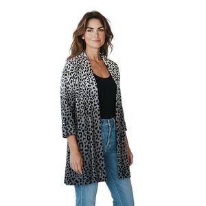 Rafaella Grey Black Leopard Print Ombre‎ Open Front Cotton Cardigan Women's M